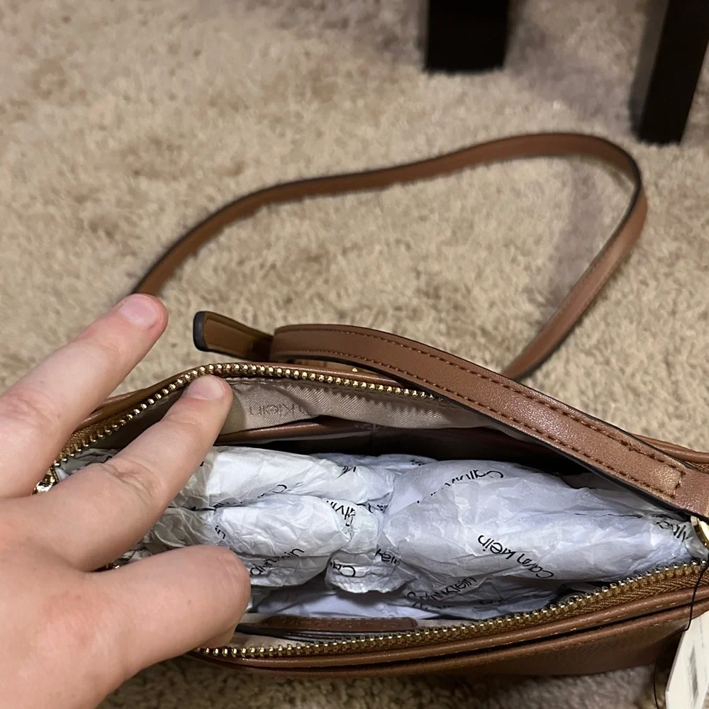 Calvin Klein Camel/Tan Pebbled Crossbody with Gold Hardware